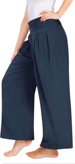 Girls Linen Palazzo Pants Casual High Waist Pants Wide Leg Trousers Summer Beach Vacation Travel Long Pant Outfits