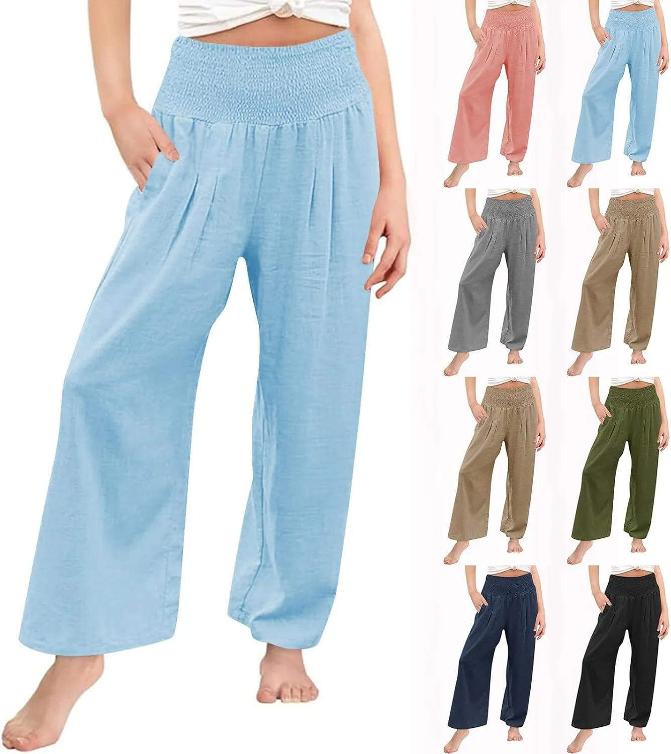Girls Linen Palazzo Pants Casual High Waist Pants Wide Leg Trousers Summer Beach Vacation Travel Long Pant Outfits
