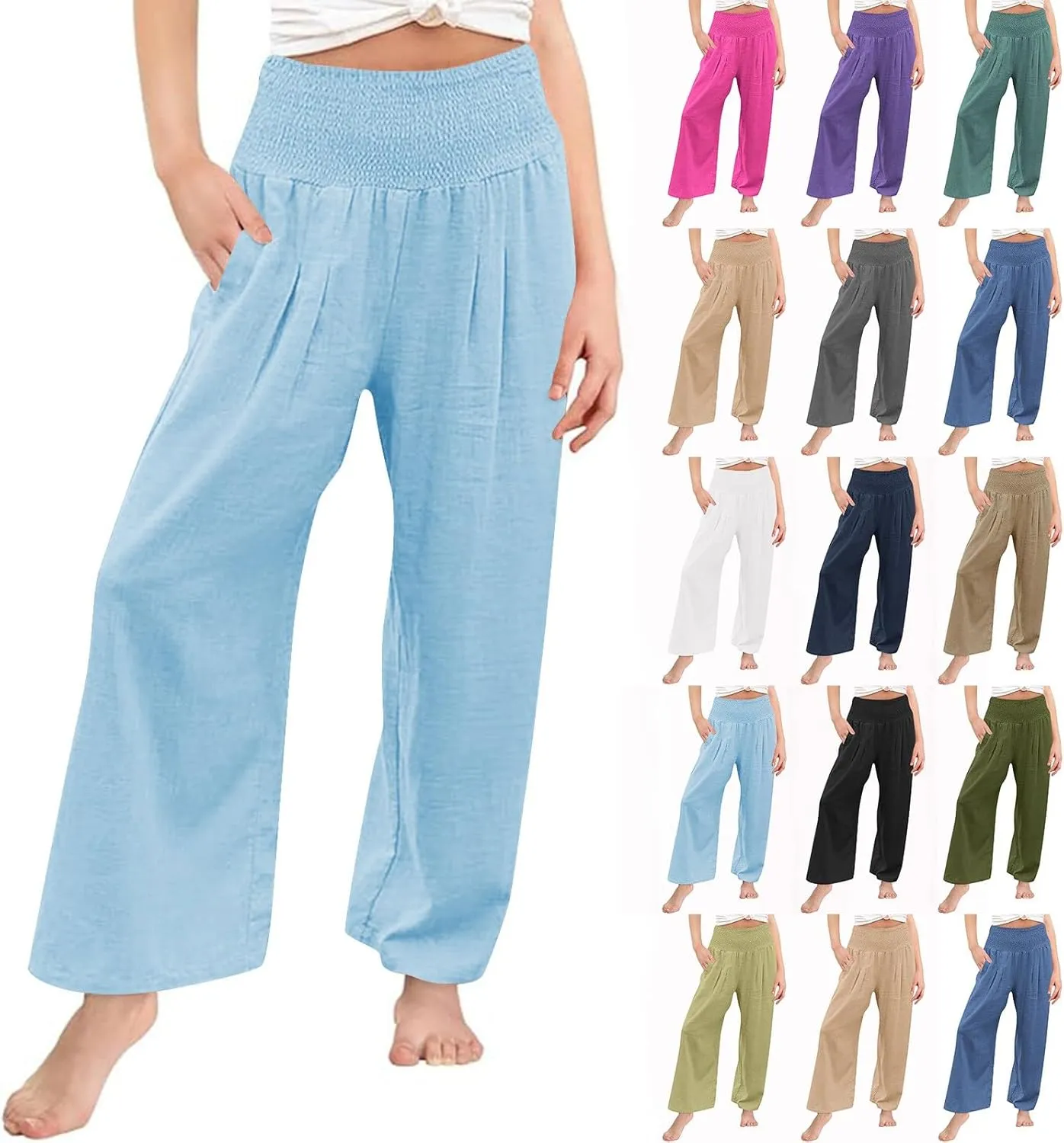 Girls Linen Palazzo Pants Casual High Waist Pants Wide Leg Trousers Summer Beach Vacation Travel Long Pant Outfits
