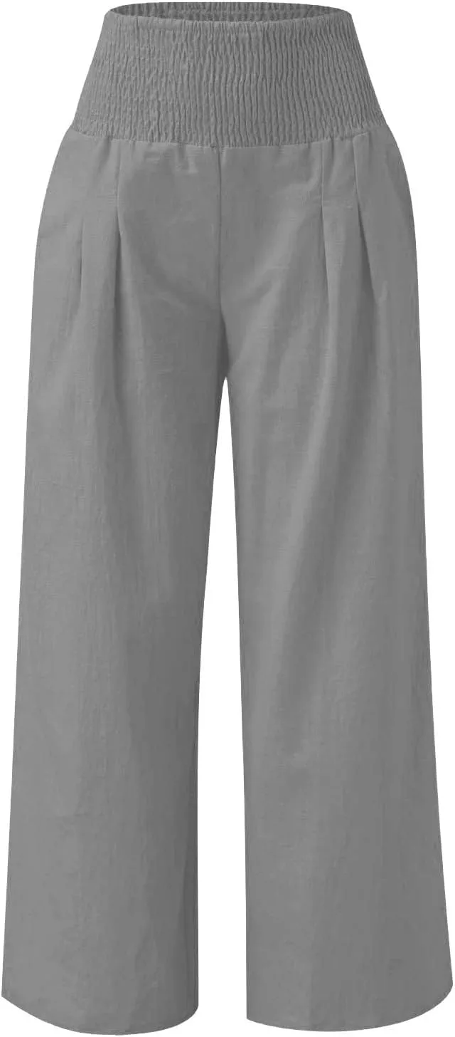 Girls Linen Palazzo Pants Casual High Waist Pants Wide Leg Trousers Summer Beach Vacation Travel Long Pant Outfits