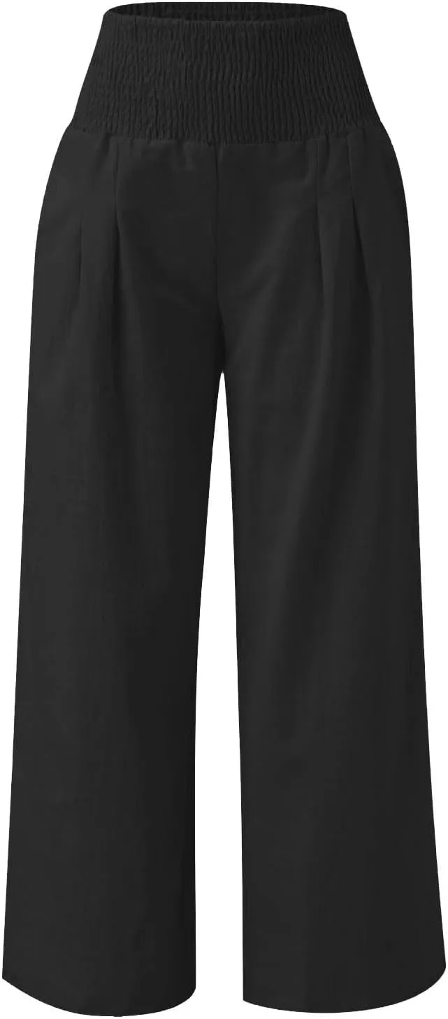 Girls Linen Palazzo Pants Casual High Waist Pants Wide Leg Trousers Summer Beach Vacation Travel Long Pant Outfits