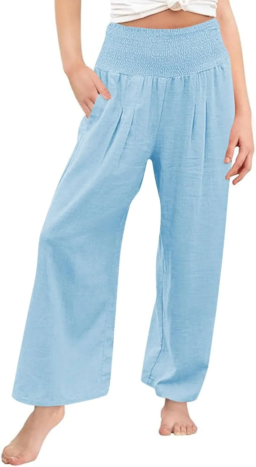 Girls Linen Palazzo Pants Casual High Waist Pants Wide Leg Trousers Summer Beach Vacation Travel Long Pant Outfits
