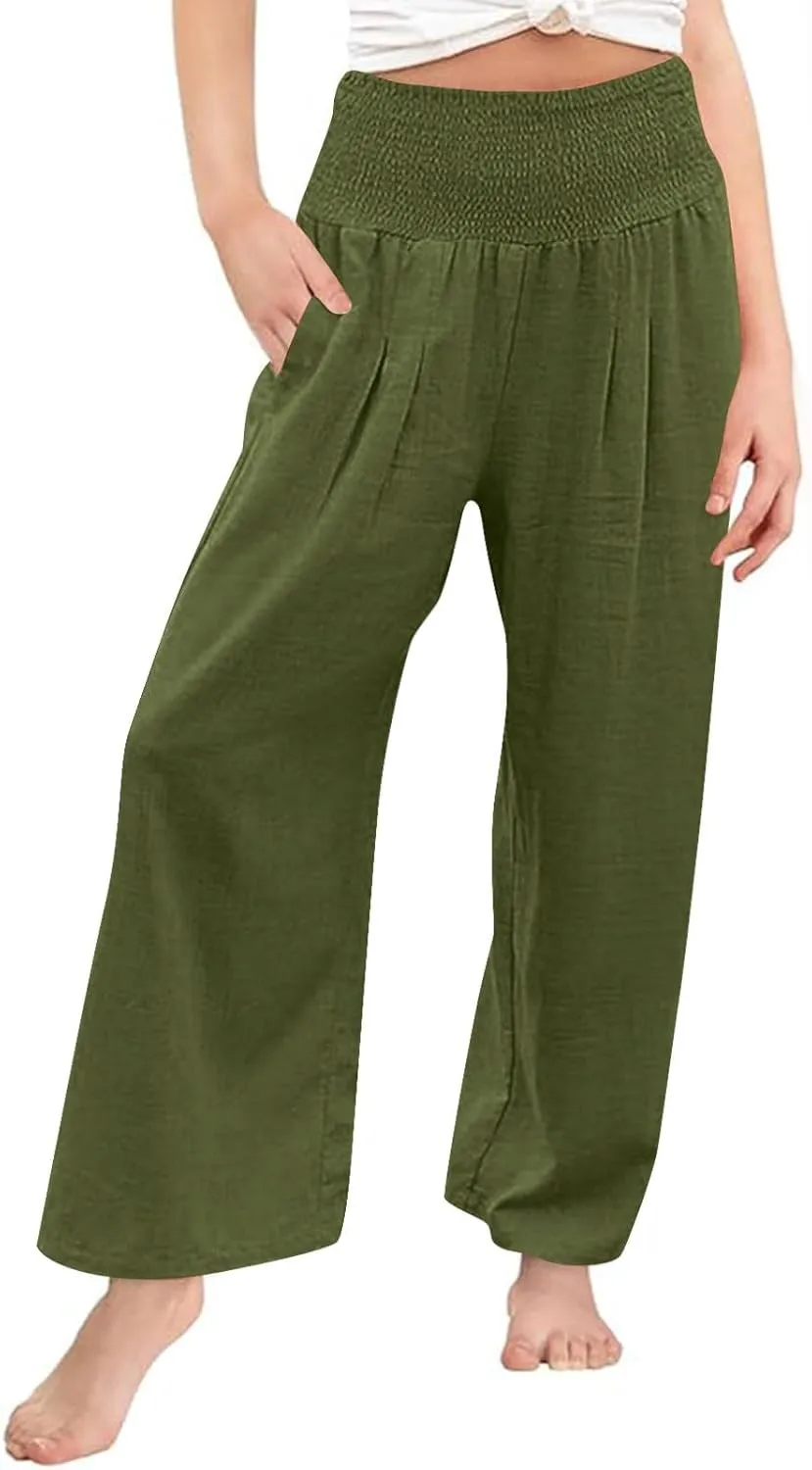 Girls Linen Palazzo Pants Casual High Waist Pants Wide Leg Trousers Summer Beach Vacation Travel Long Pant Outfits