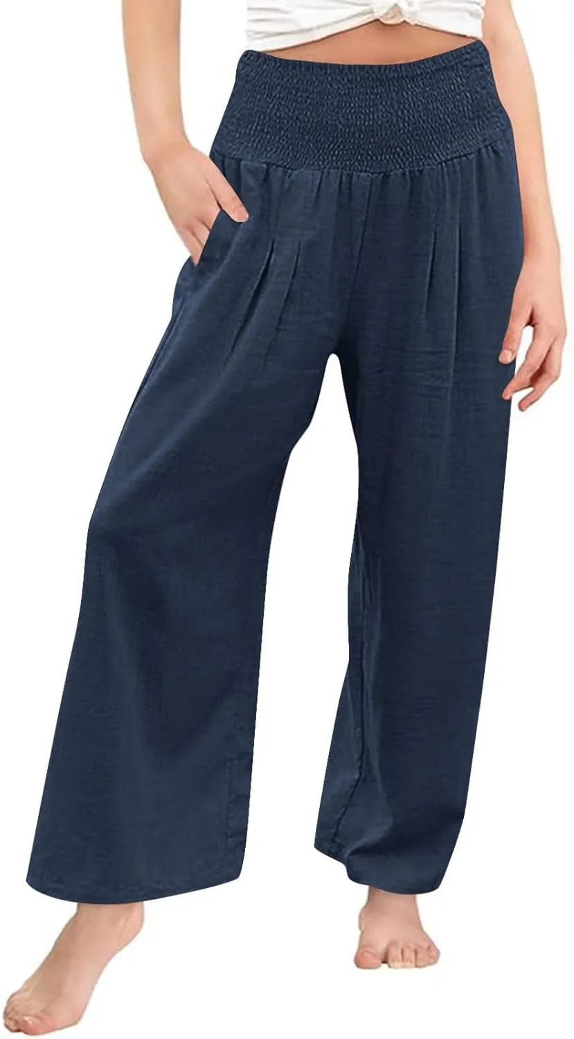 Girls Linen Palazzo Pants Casual High Waist Pants Wide Leg Trousers Summer Beach Vacation Travel Long Pant Outfits