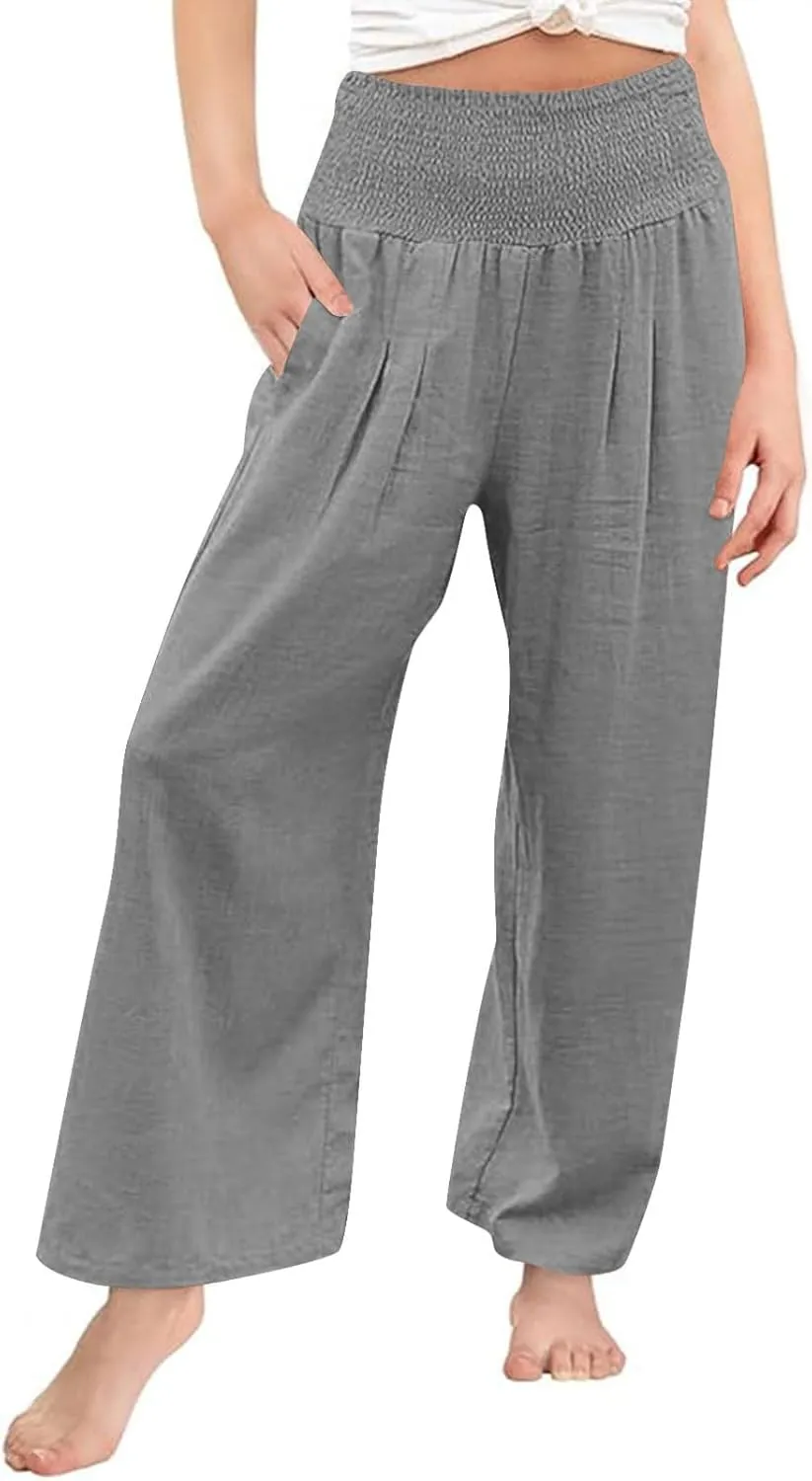 Girls Linen Palazzo Pants Casual High Waist Pants Wide Leg Trousers Summer Beach Vacation Travel Long Pant Outfits
