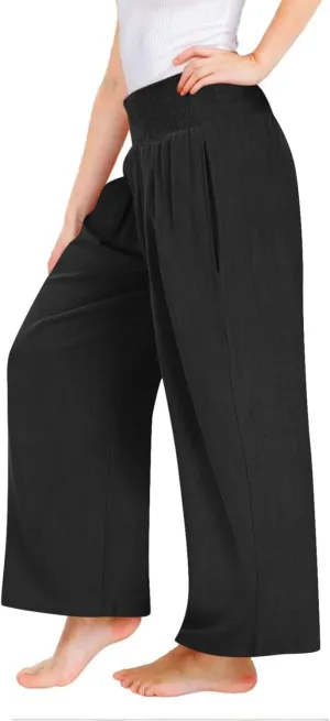 Girls Linen Palazzo Pants Casual High Waist Pants Wide Leg Trousers Summer Beach Vacation Travel Long Pant Outfits