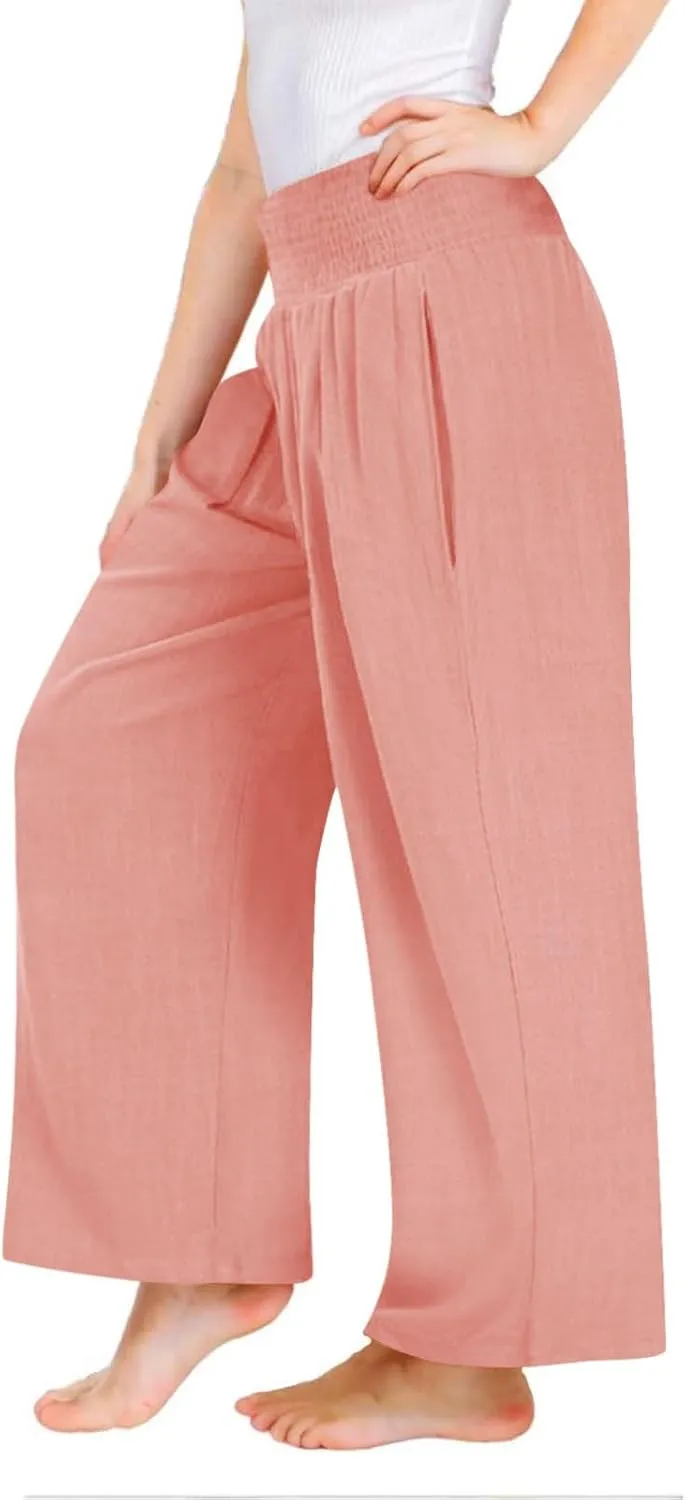 Girls Linen Palazzo Pants Casual High Waist Pants Wide Leg Trousers Summer Beach Vacation Travel Long Pant Outfits