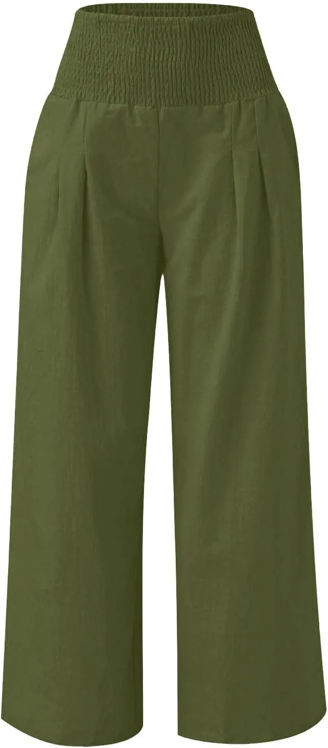 Girls Linen Palazzo Pants Casual High Waist Pants Wide Leg Trousers Summer Beach Vacation Travel Long Pant Outfits