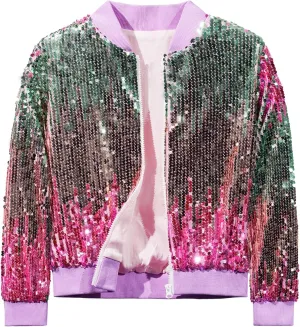 Girls Sequin Bomber Jacket Glitter Outwear Long Sleeve Zipper Jackets 5-12T