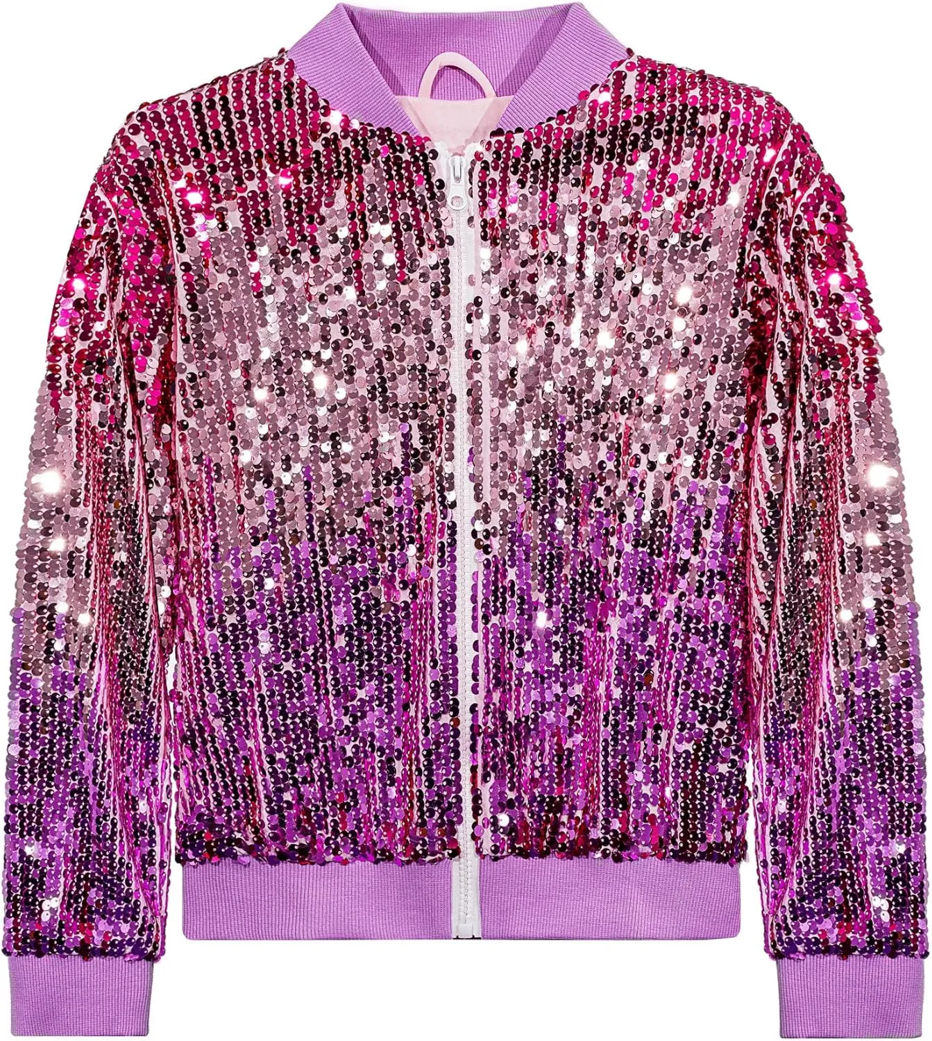 Girls Sequin Bomber Jacket Glitter Outwear Long Sleeve Zipper Jackets 5-12T