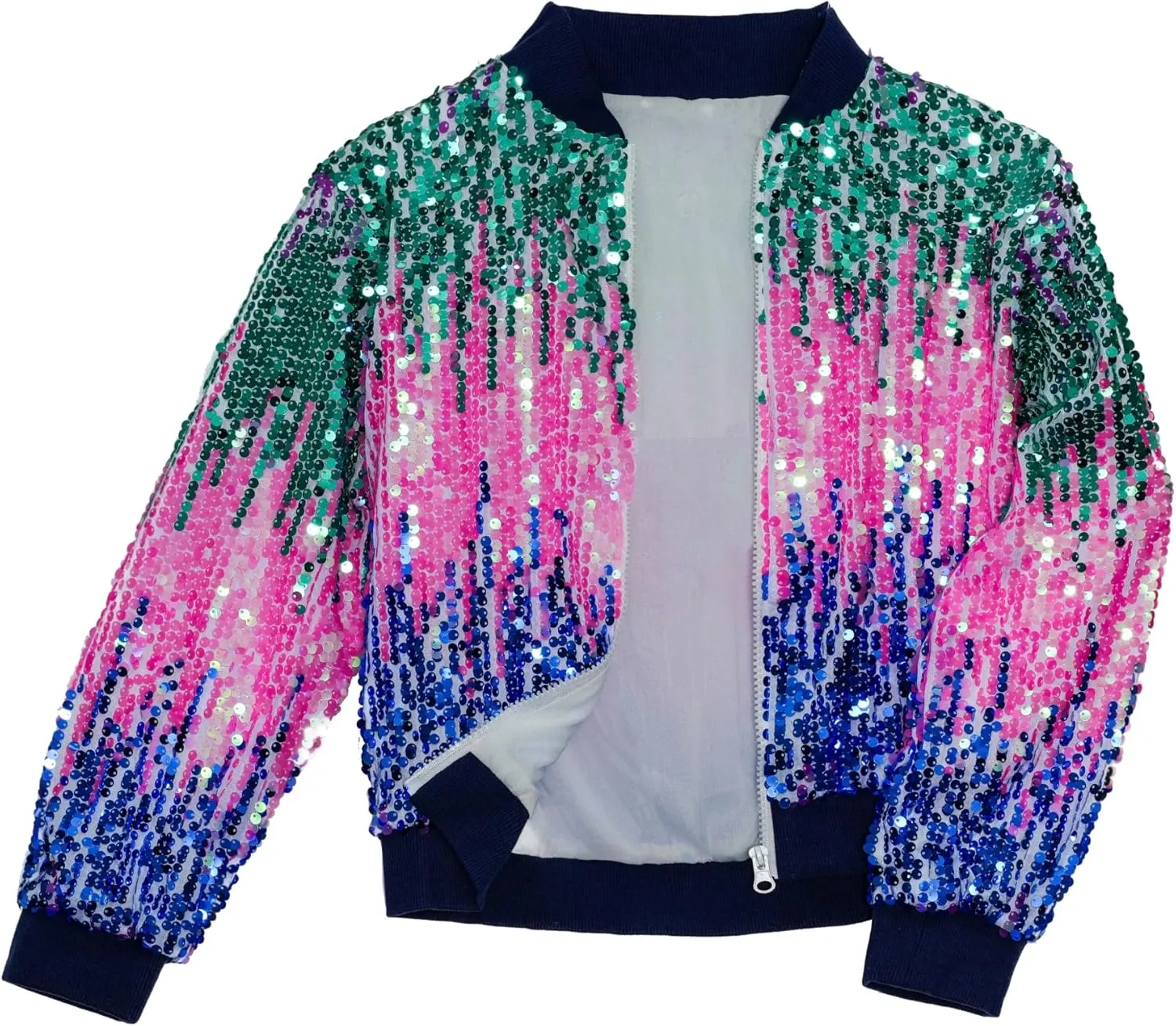Girls Sequin Bomber Jacket Sparkly Bomber Outfit Long Sleeve Zipper Bright Colors 5-12T