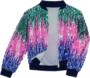 Girls Sequin Bomber Jacket Sparkly Bomber Outfit Long Sleeve Zipper Bright Colors 5-12T