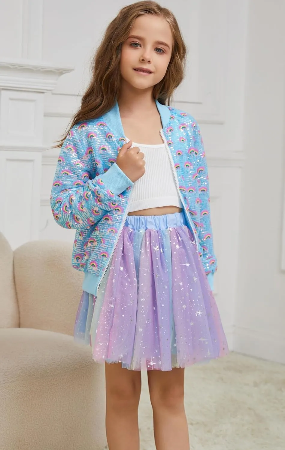 Girls Sequin Bomber Jacket Sparkly Bomber Outfit Long Sleeve Zipper Bright Colors 5-12T