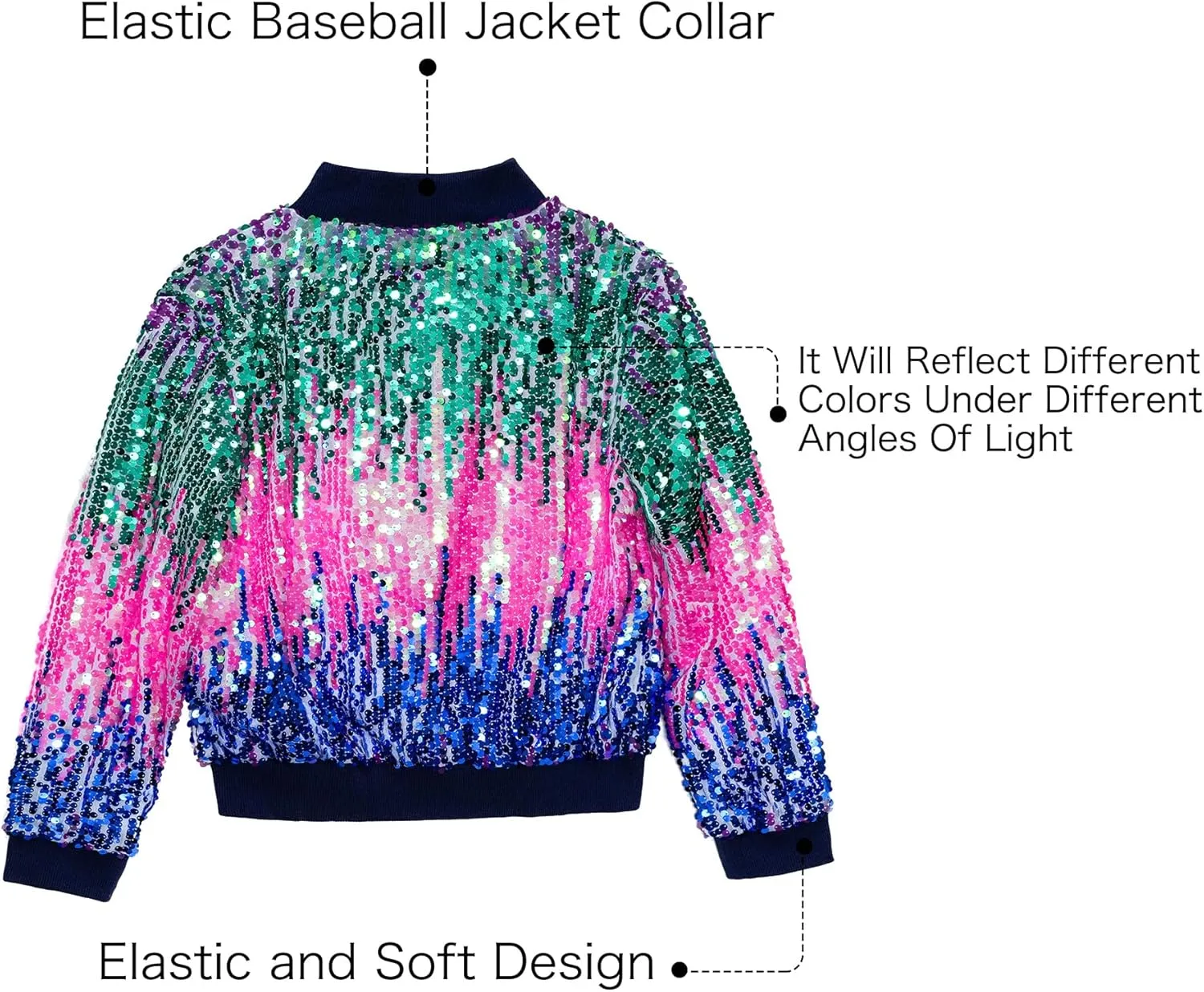 Girls Sequin Bomber Jacket Sparkly Bomber Outfit Long Sleeve Zipper Bright Colors 5-12T