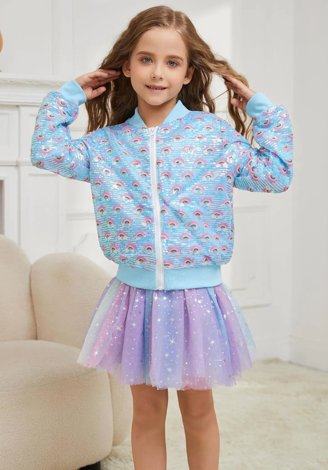 Girls Sequin Bomber Jacket Sparkly Bomber Outfit Long Sleeve Zipper Bright Colors 5-12T