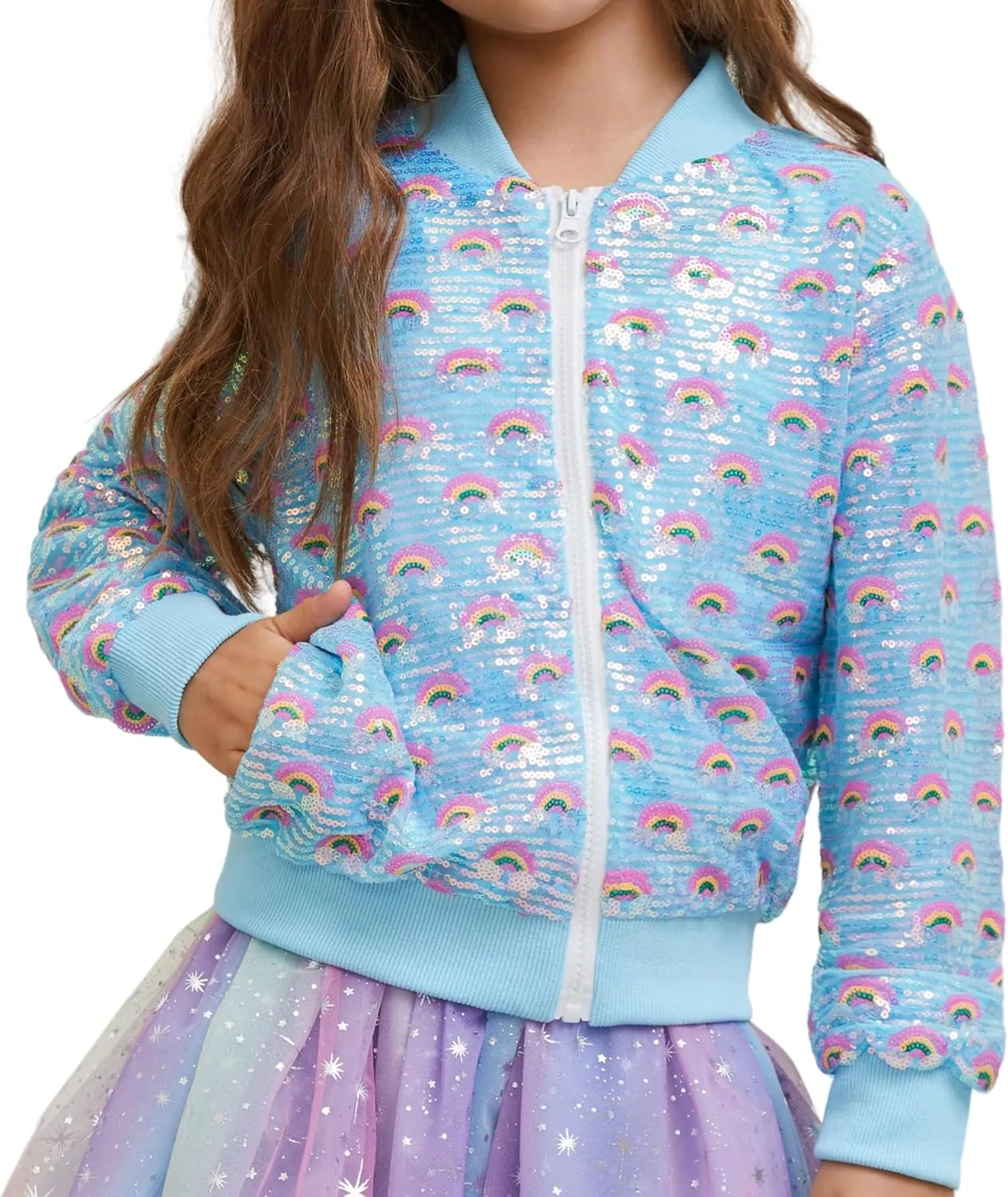 Girls Sequin Bomber Jacket Sparkly Bomber Outfit Long Sleeve Zipper Bright Colors 5-12T