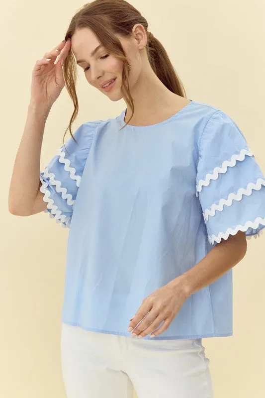 Girls Trip Ric-Rac Top- Sky Blue