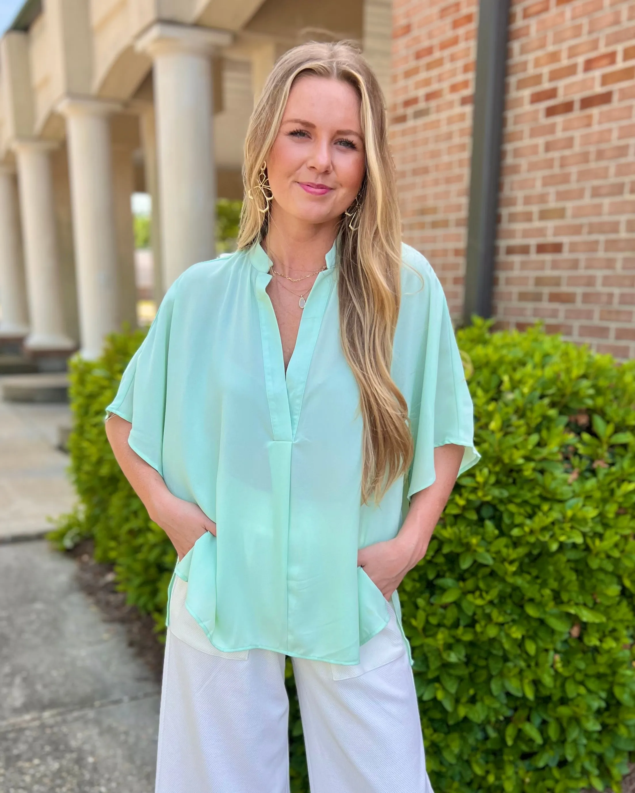 Got Me Good Mint V Neck High Low Hem Short Sleeve Blouse