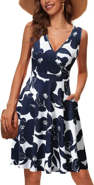 GUBERRY Womens Wrap V Neck Sleeveless Sundress Summer Flare Tank Dress with Pockets 