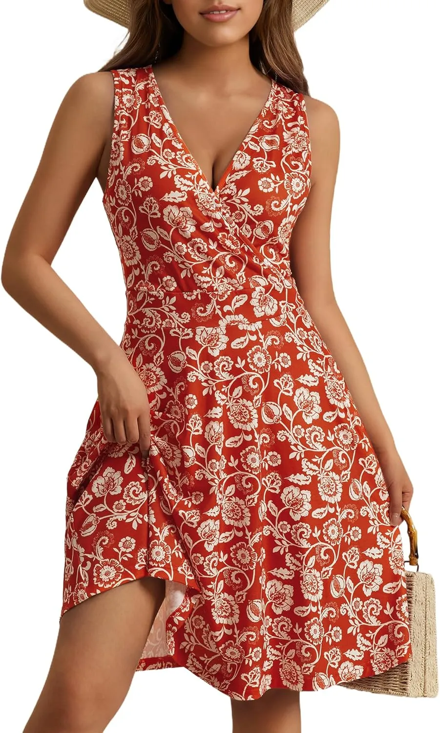 GUBERRY Womens Wrap V Neck Sleeveless Sundress Summer Flare Tank Dress with Pockets 
