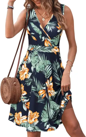 GUBERRY Womens Wrap V Neck Sleeveless Sundress Summer Flare Tank Dress with Pockets 