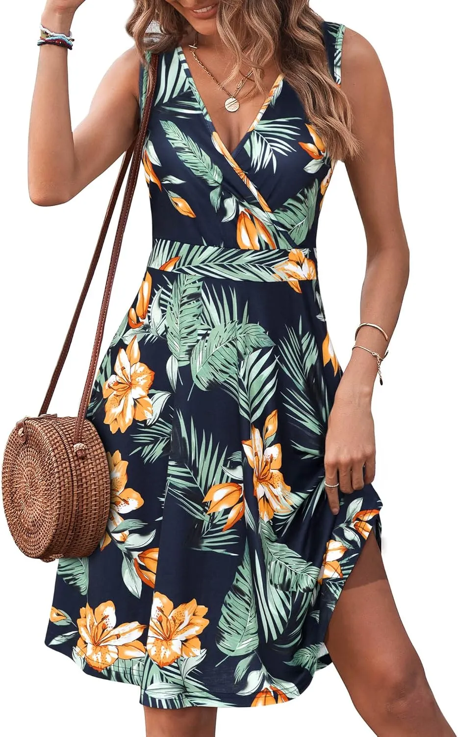 GUBERRY Womens Wrap V Neck Sleeveless Sundress Summer Flare Tank Dress with Pockets 