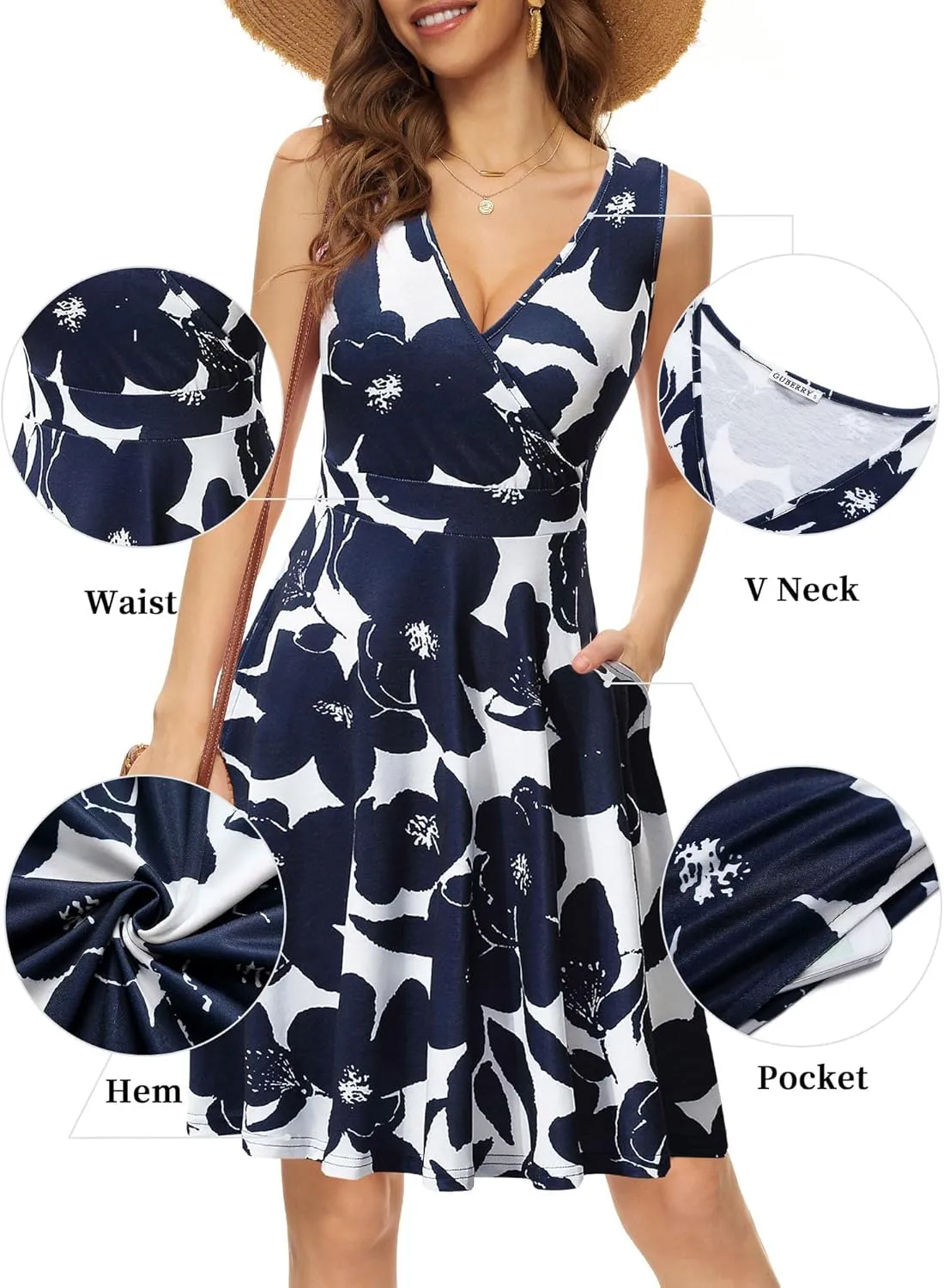 GUBERRY Womens Wrap V Neck Sleeveless Sundress Summer Flare Tank Dress with Pockets 