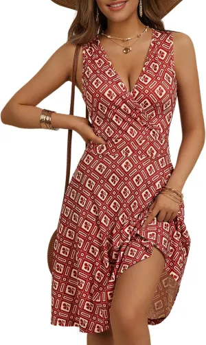 GUBERRY Womens Wrap V Neck Sleeveless Sundress Summer Flare Tank Dress with Pockets 
