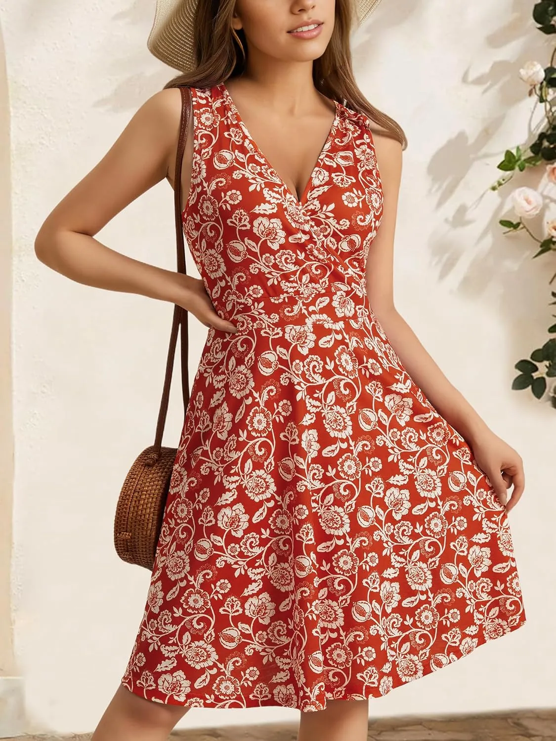 GUBERRY Womens Wrap V Neck Sleeveless Sundress Summer Flare Tank Dress with Pockets 