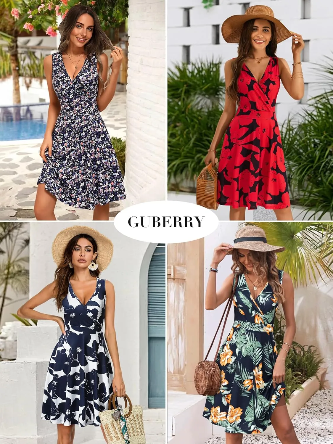 GUBERRY Womens Wrap V Neck Sleeveless Sundress Summer Flare Tank Dress with Pockets 