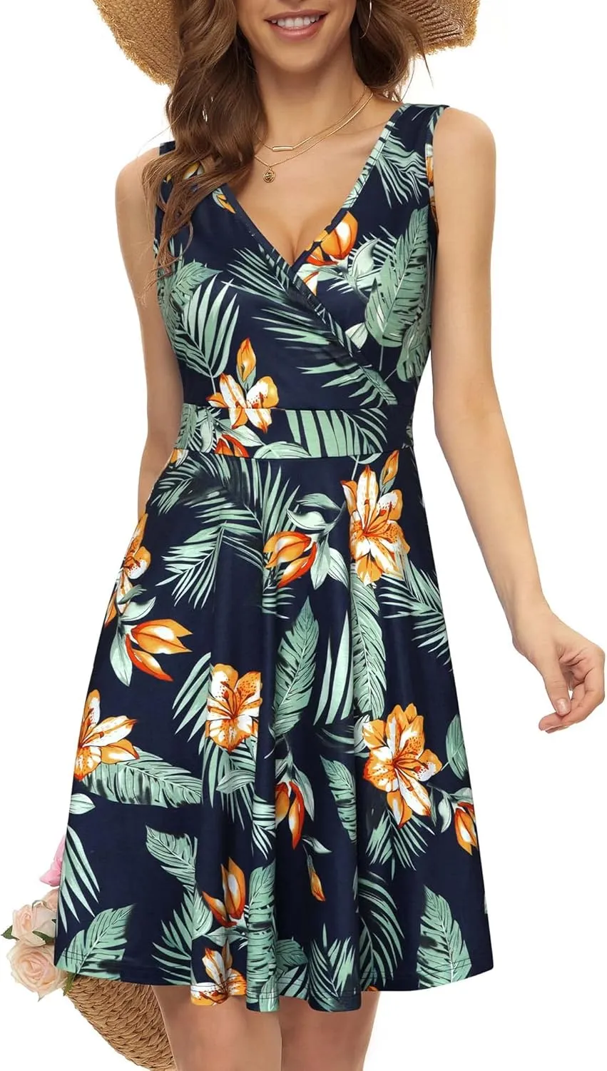 GUBERRY Womens Wrap V Neck Sleeveless Sundress Summer Flare Tank Dress with Pockets 
