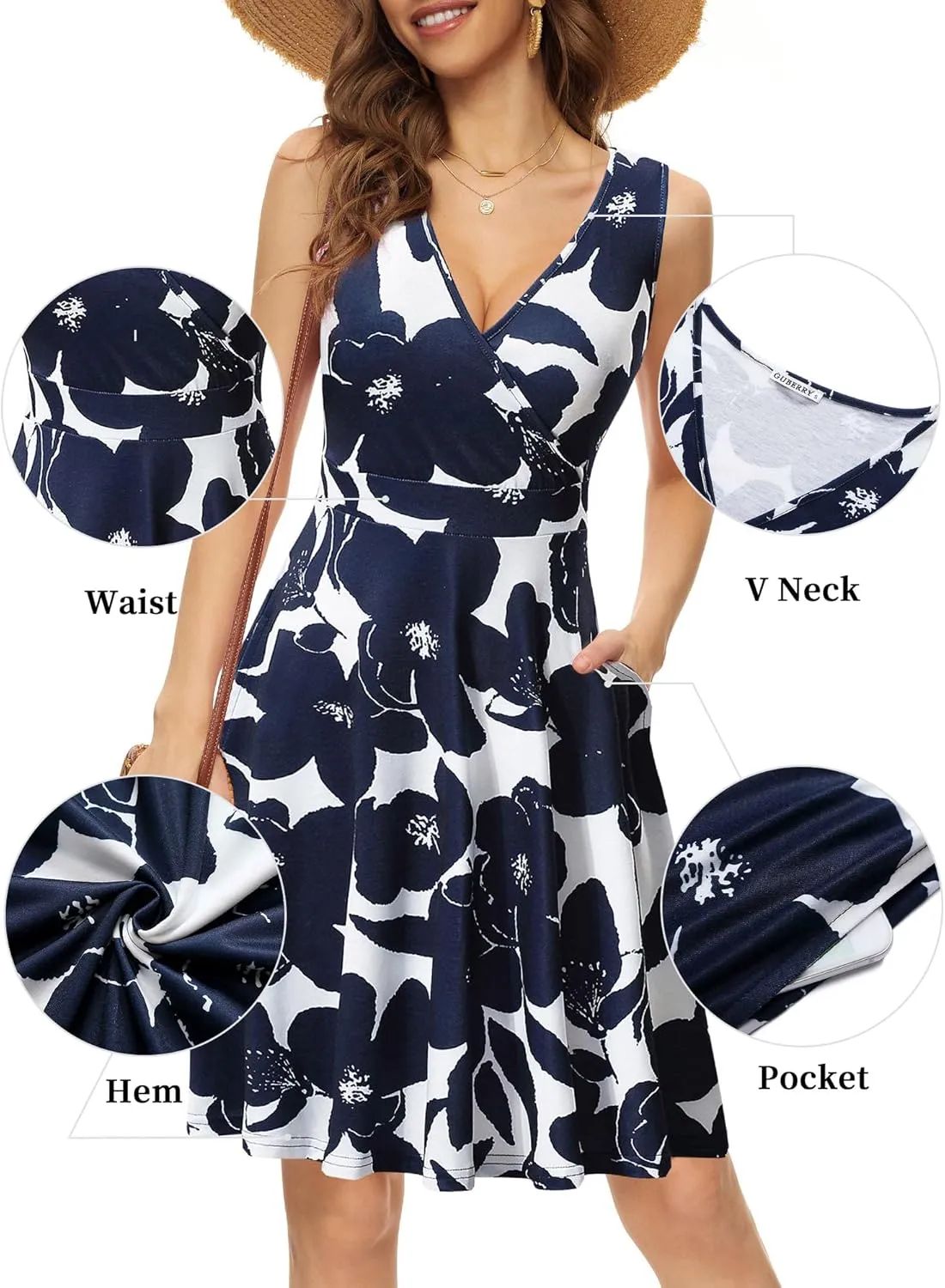 GUBERRY Womens Wrap V Neck Sleeveless Sundress Summer Flare Tank Dress with Pockets 