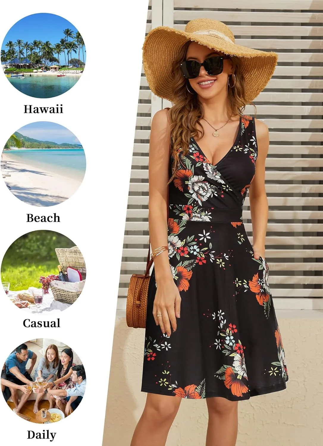 GUBERRY Womens Wrap V Neck Sleeveless Sundress Summer Flare Tank Dress with Pockets 