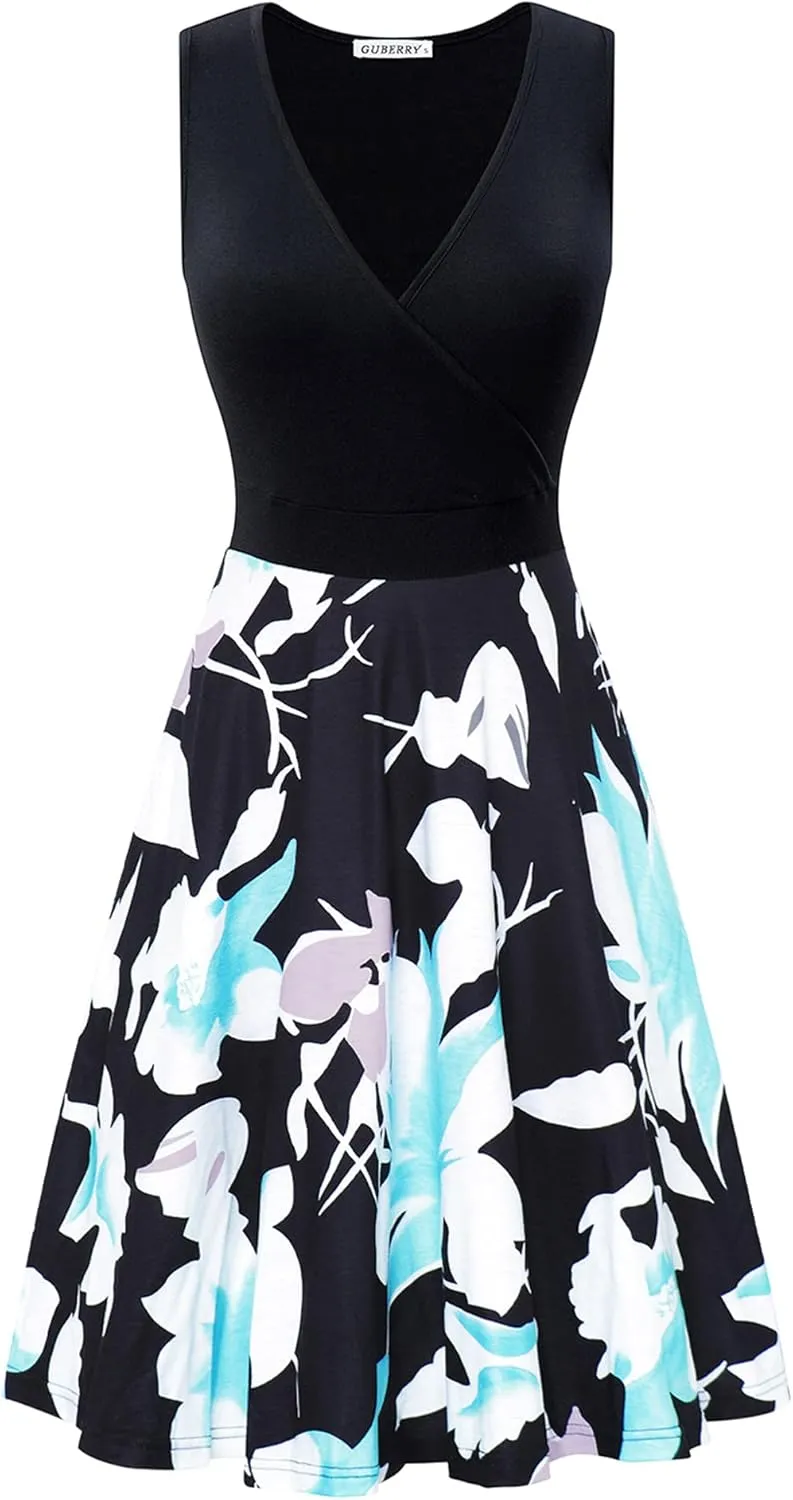 GUBERRY Womens Wrap V Neck Sleeveless Sundress Summer Flare Tank Dress with Pockets 
