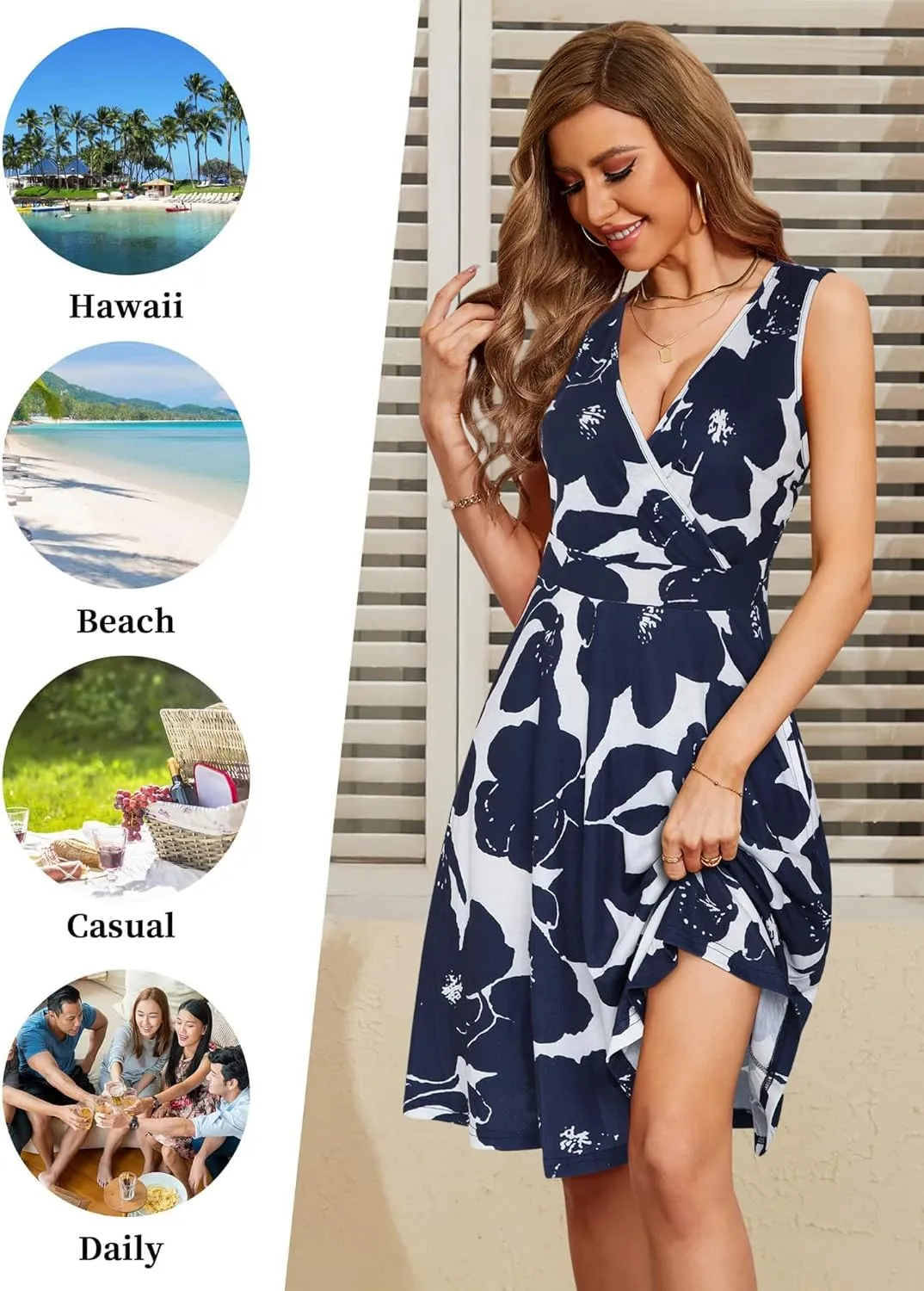 GUBERRY Womens Wrap V Neck Sleeveless Sundress Summer Flare Tank Dress with Pockets 