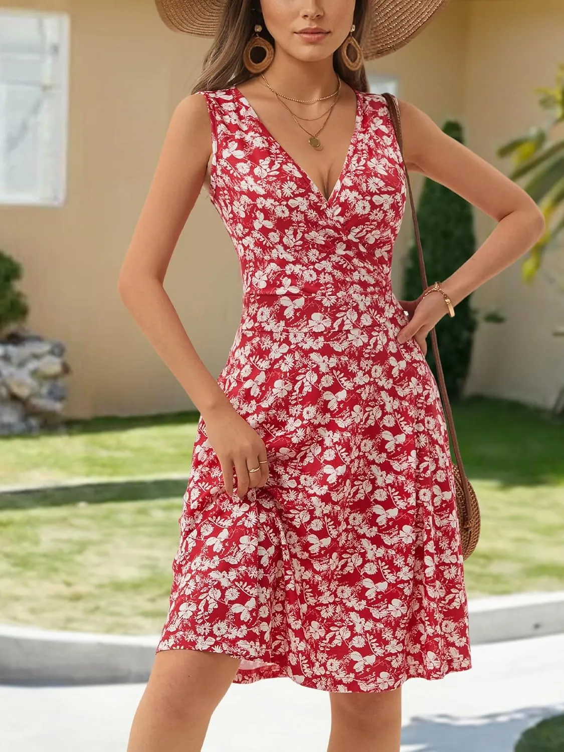 GUBERRY Womens Wrap V Neck Sleeveless Sundress Summer Flare Tank Dress with Pockets 