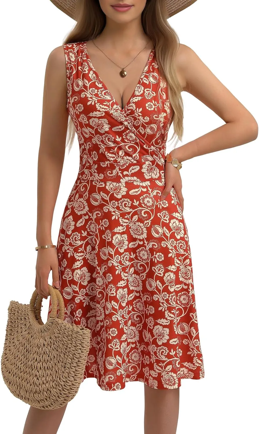 GUBERRY Womens Wrap V Neck Sleeveless Sundress Summer Flare Tank Dress with Pockets 