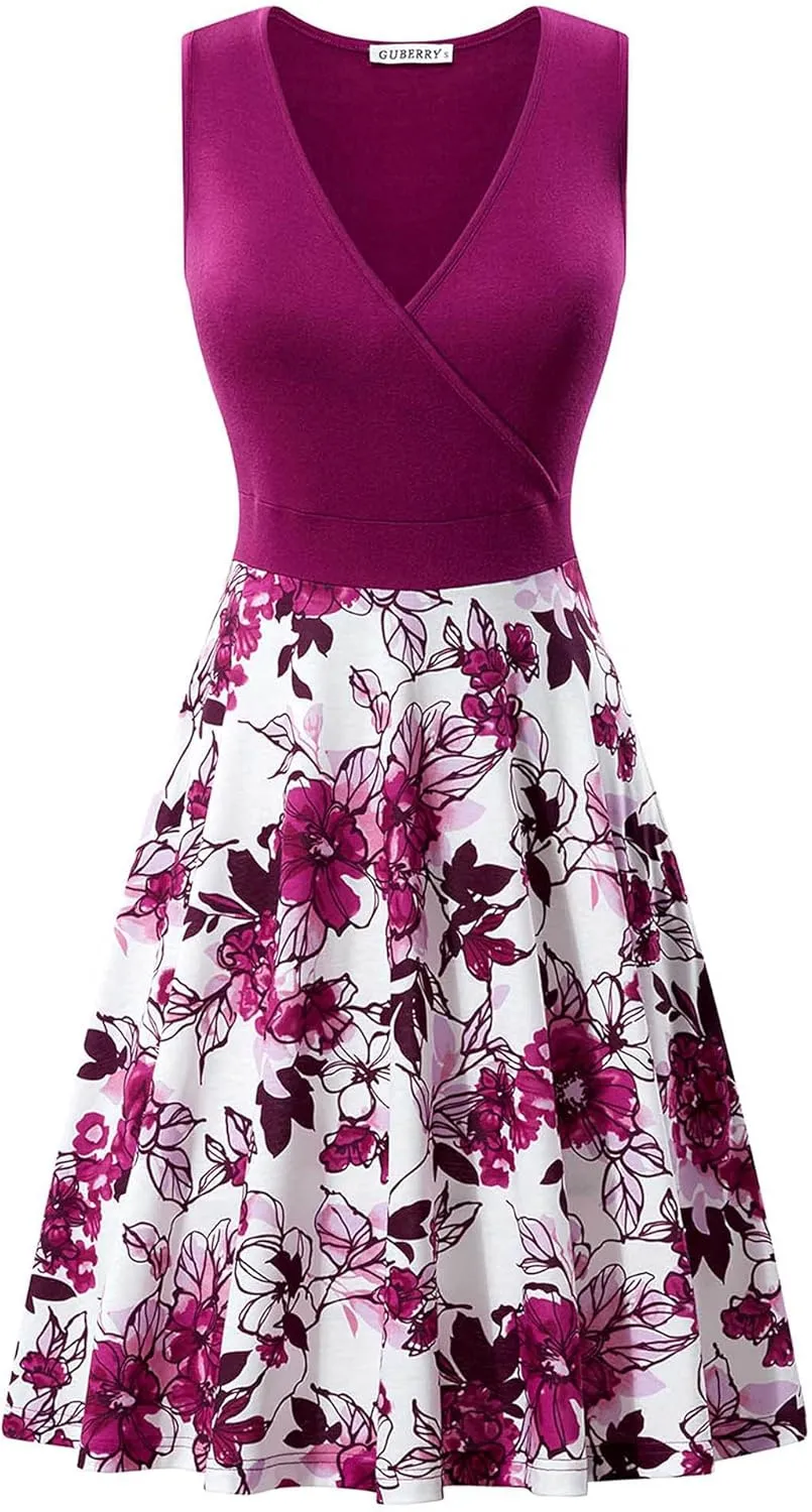 GUBERRY Womens Wrap V Neck Sleeveless Sundress Summer Flare Tank Dress with Pockets 