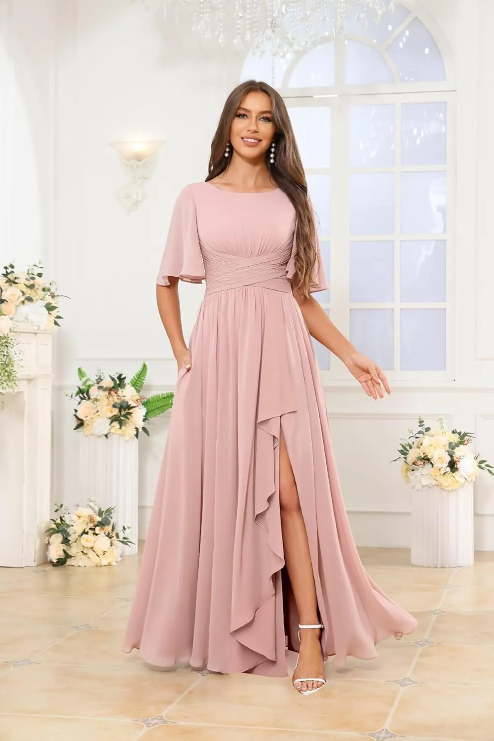 GUKARLEED Chiffon Bridesmaid Dresses with Ruffle Flutter Sleeves Pockets Long Slit Formal Dress Wedding Guest Dress for Women