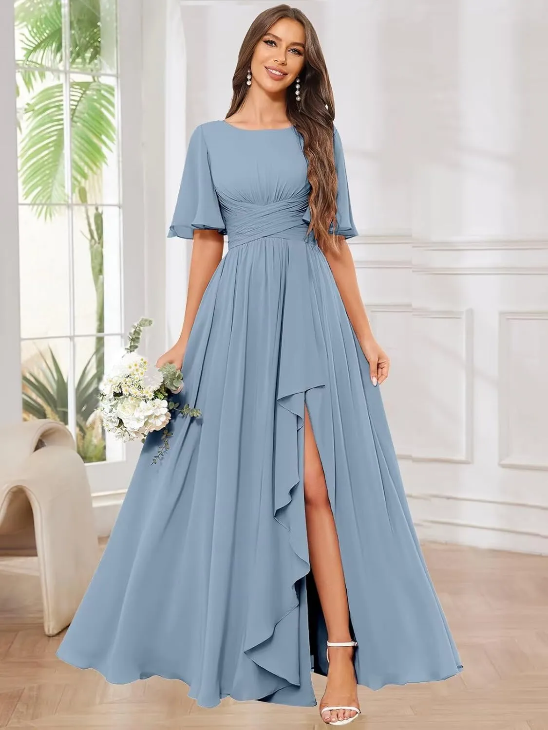 GUKARLEED Chiffon Bridesmaid Dresses with Ruffle Flutter Sleeves Pockets Long Slit Formal Dress Wedding Guest Dress for Women