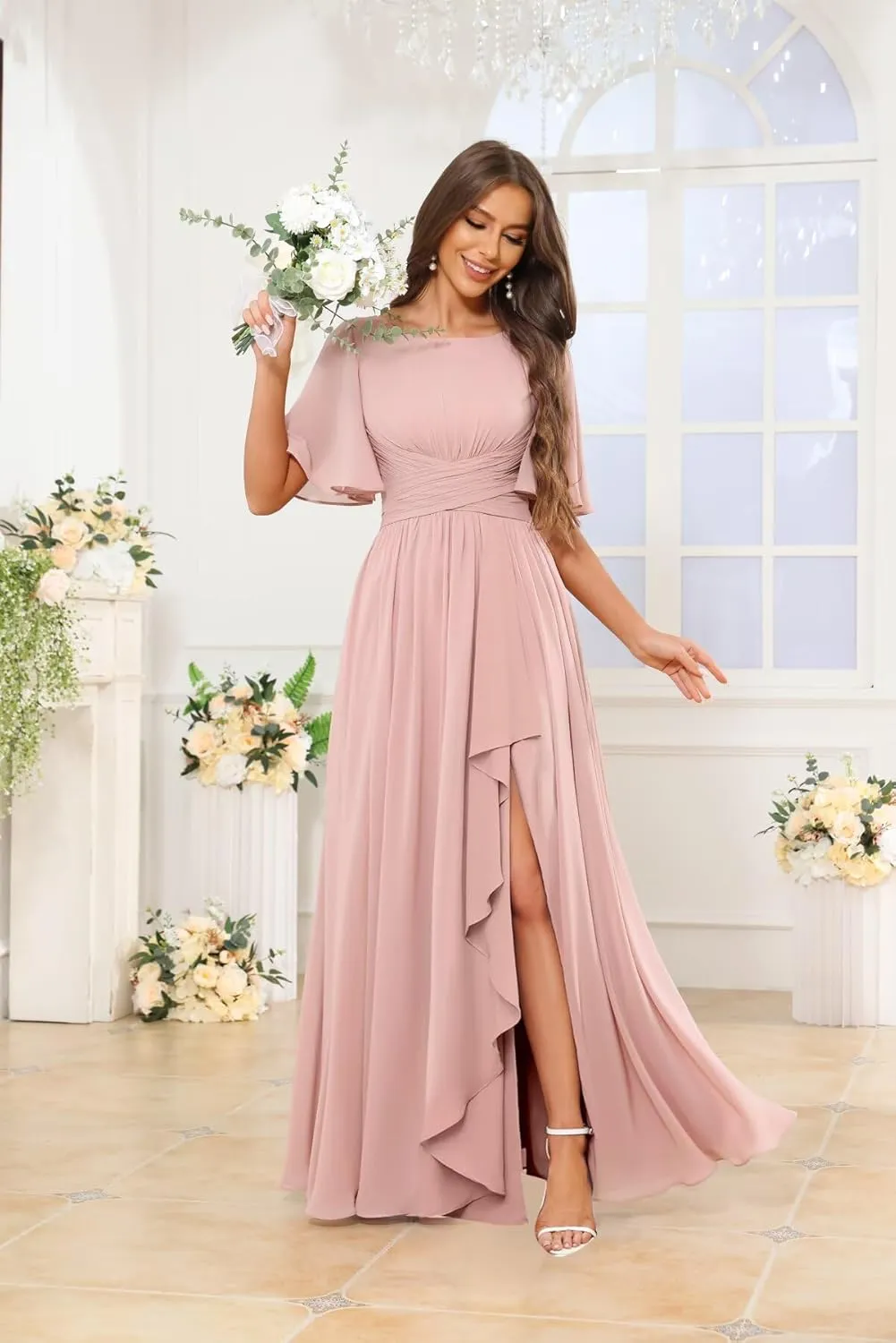 GUKARLEED Chiffon Bridesmaid Dresses with Ruffle Flutter Sleeves Pockets Long Slit Formal Dress Wedding Guest Dress for Women