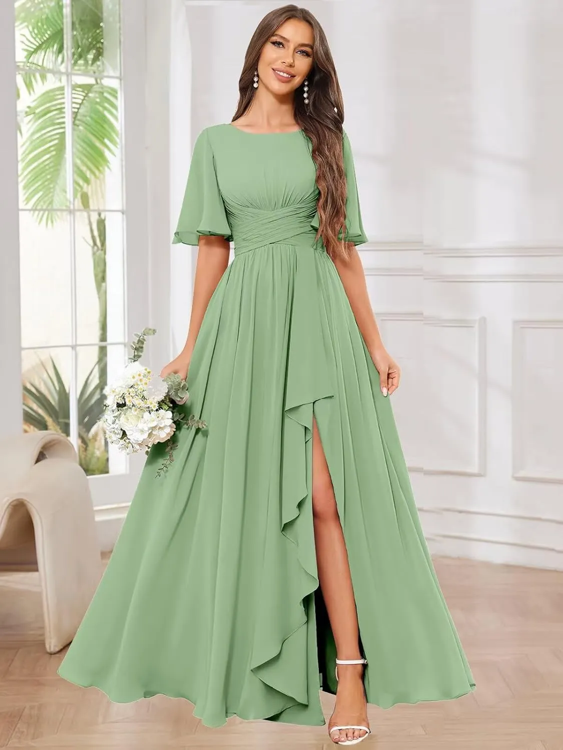 GUKARLEED Chiffon Bridesmaid Dresses with Ruffle Flutter Sleeves Pockets Long Slit Formal Dress Wedding Guest Dress for Women