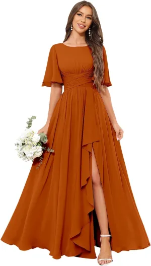 GUKARLEED Chiffon Bridesmaid Dresses with Ruffle Flutter Sleeves Pockets Long Slit Formal Dress Wedding Guest Dress for Women