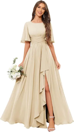 GUKARLEED Chiffon Bridesmaid Dresses with Ruffle Flutter Sleeves Pockets Long Slit Formal Dress Wedding Guest Dress for Women
