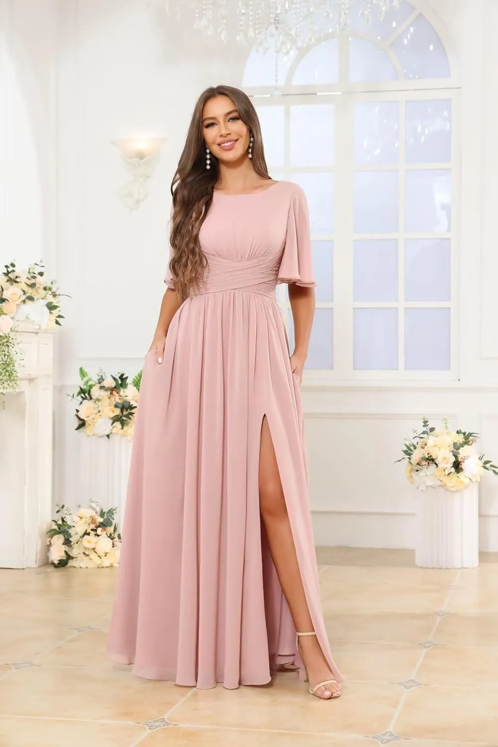 GUKARLEED Flutter Sleeve Chiffon Bridesmaid Dress with Slit Scoop Neck A-Line Long Wedding Guest Formal Dresses with Pockets