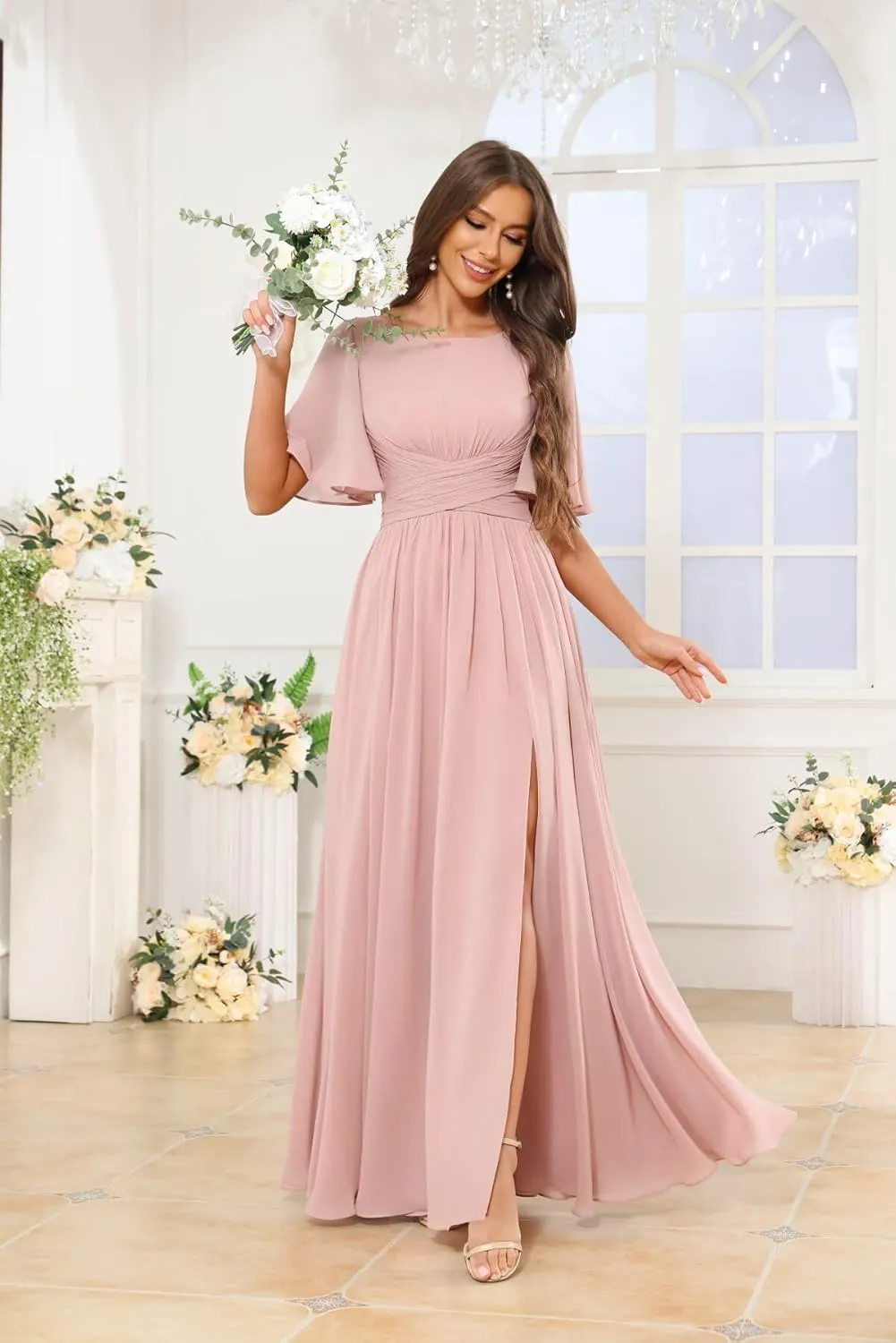 GUKARLEED Flutter Sleeve Chiffon Bridesmaid Dress with Slit Scoop Neck A-Line Long Wedding Guest Formal Dresses with Pockets