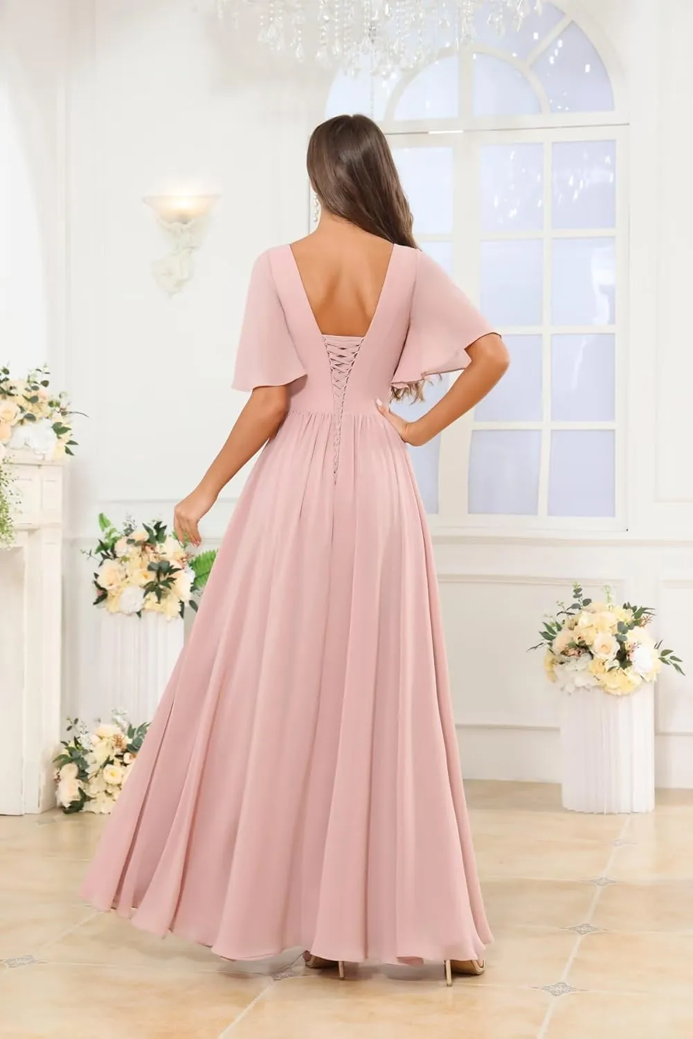 GUKARLEED Flutter Sleeve Chiffon Bridesmaid Dress with Slit Scoop Neck A-Line Long Wedding Guest Formal Dresses with Pockets