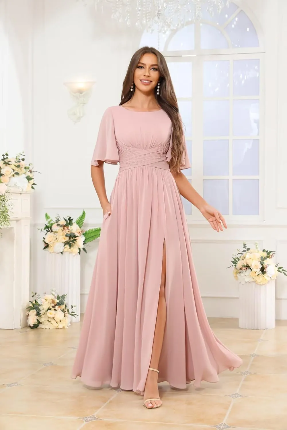 GUKARLEED Flutter Sleeve Chiffon Bridesmaid Dress with Slit Scoop Neck A-Line Long Wedding Guest Formal Dresses with Pockets