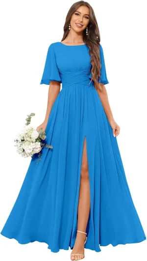 GUKARLEED Flutter Sleeve Chiffon Bridesmaid Dress with Slit Scoop Neck A-Line Long Wedding Guest Formal Dresses with Pockets