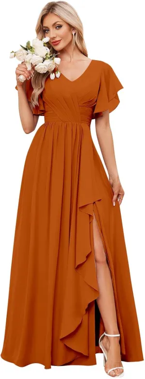 GUKARLEED Womens Chiffon Bridesmaid Dresses for Wedding Guest Long Formal Dress with Pockets Wrap Ruffle V Neck Evening Gown